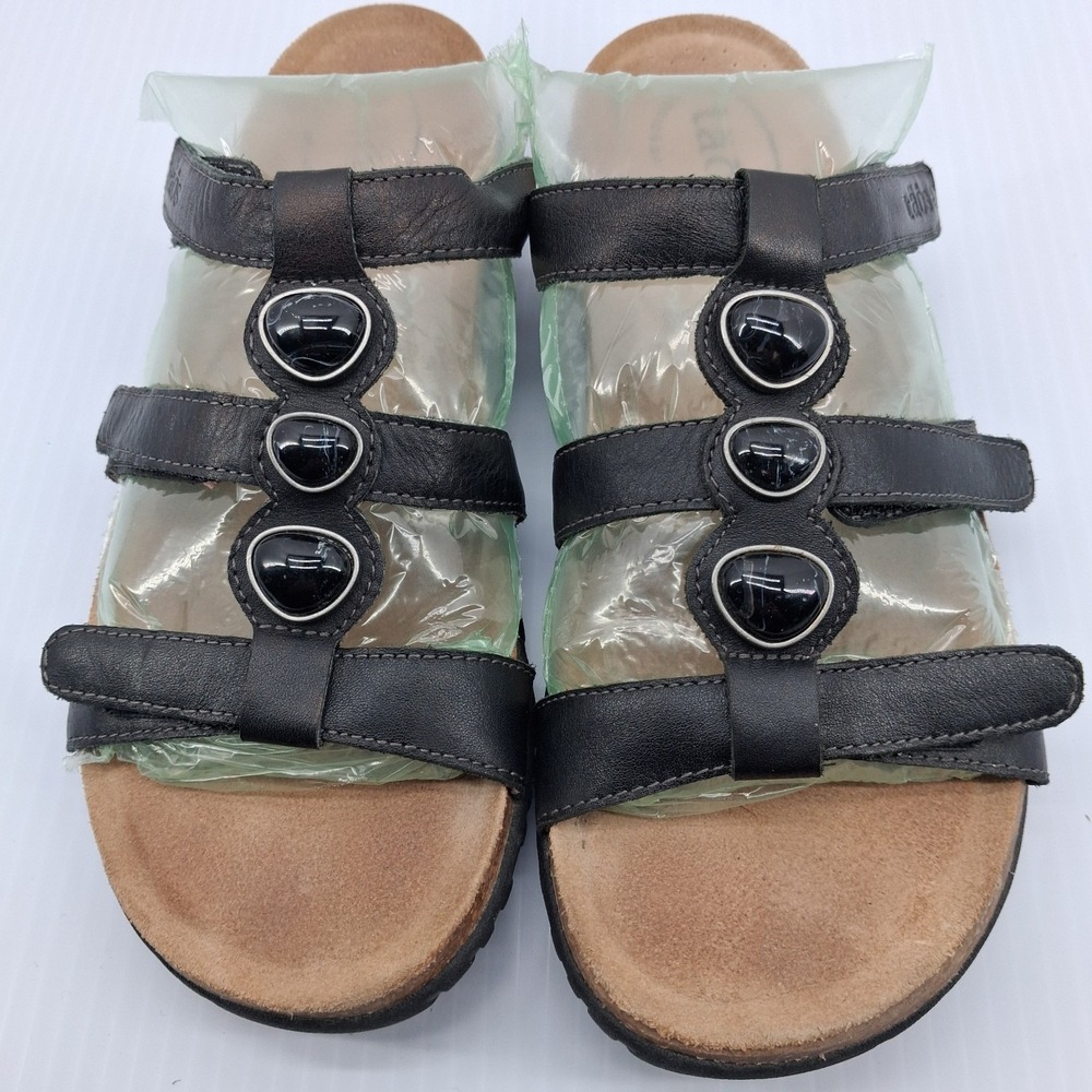 Taos Womens US 10 Black Triple Strap Slide Sandal Black stones Hook/Loop Close